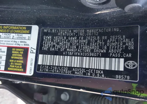 2012 Toyota Camry Se из США, поврежденный, VIN 4T1BF1FKXCU596071